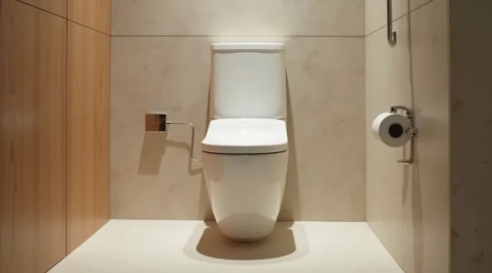 Vue d'ensemble d'une salle de bain moderne avec un WC japonais intégré, montrant l'harmonie entre technologie et design intérieur