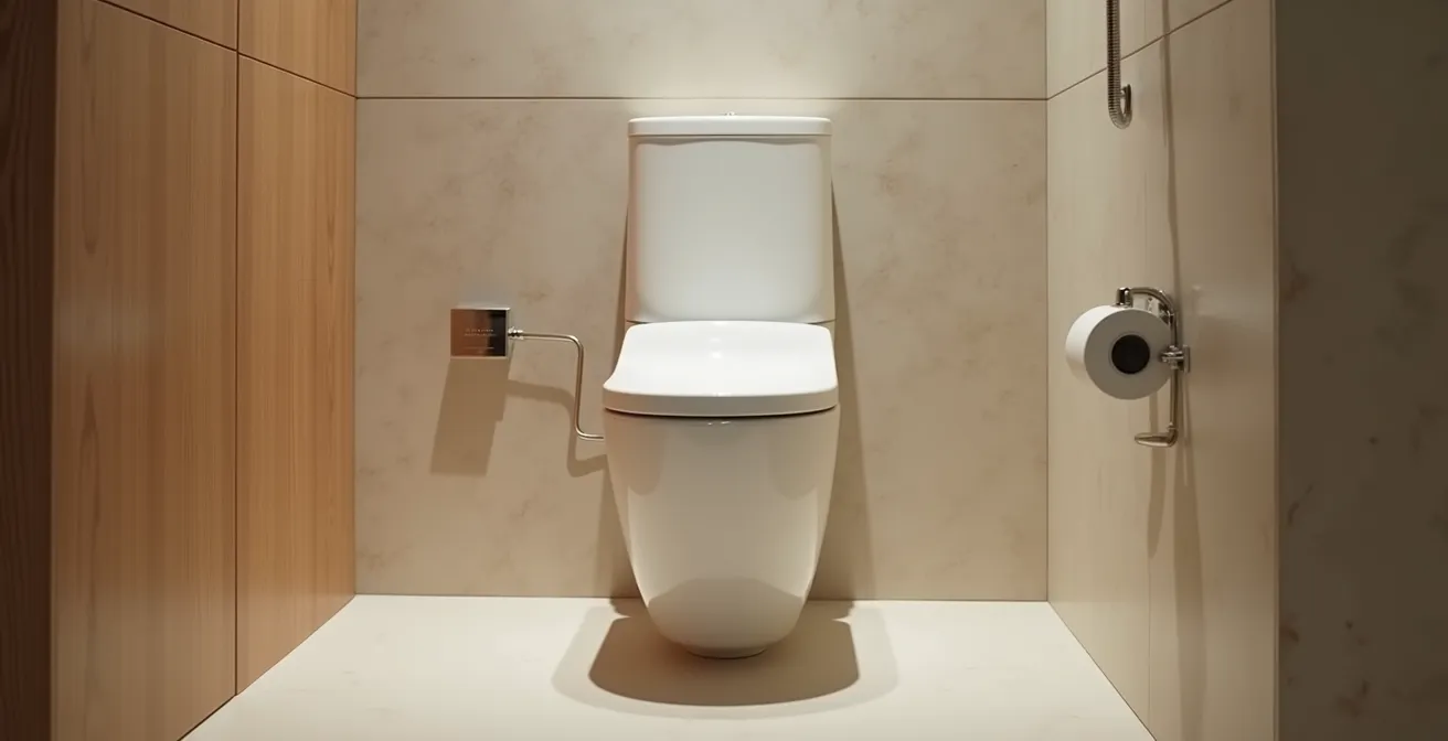 Vue d'ensemble d'une salle de bain moderne avec un WC japonais intégré, montrant l'harmonie entre technologie et design intérieur