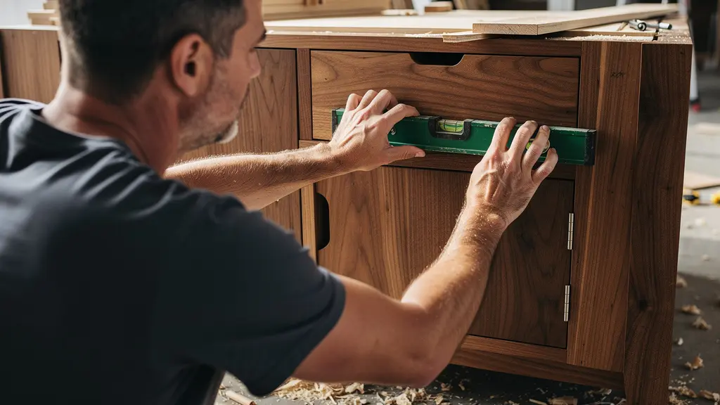Artisan menuisier ajustant une armoire sur mesure en bois noble sur un chantier résidentiel