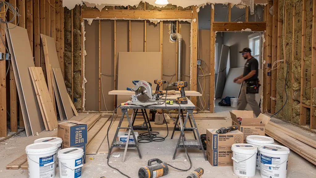 Chantier de rénovation intérieure résidentielle avec outils et matériaux Québec