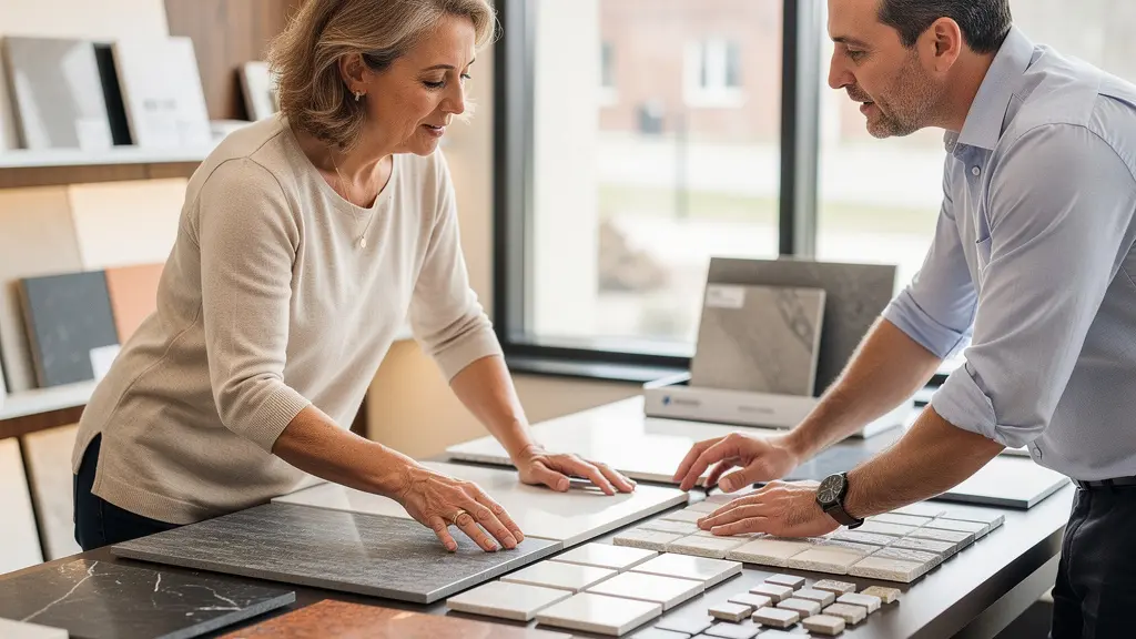 Propriétaire examinant des échantillons de carrelage et comptoir avec conseiller en rénovation