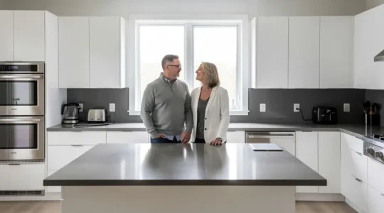 Couple admirant leur cuisine rénovée haut de gamme avec comptoir en quartz et armoires modernes