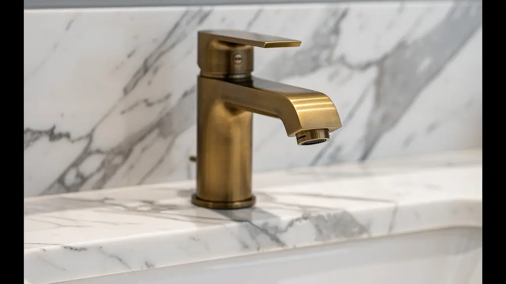 Détail de robinetterie haut de gamme en laiton brossé sur comptoir de marbre blanc