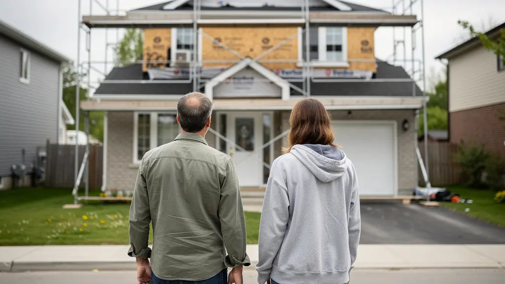 Entrepreneur général et propriétaire discutant devant maison en rénovation au Québec