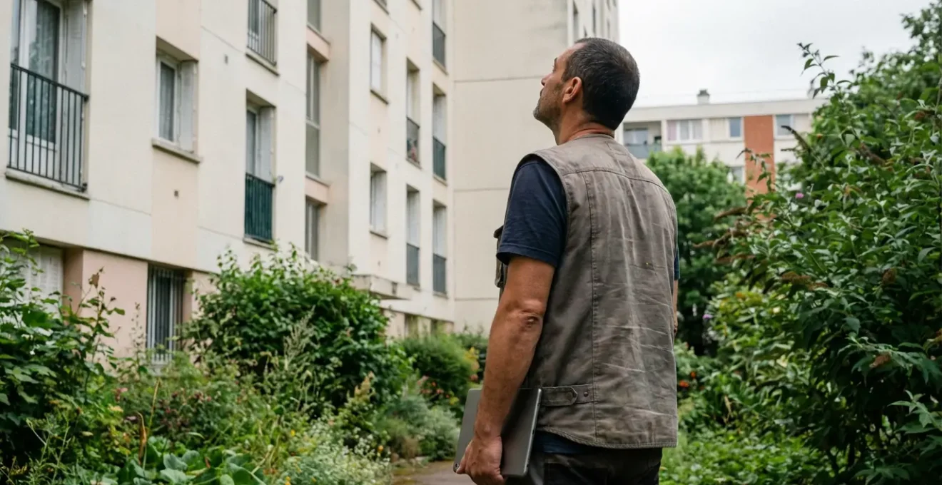 Technicien thermicien examinant la façade d'un immeuble de copropriété pour diagnostic énergétique
