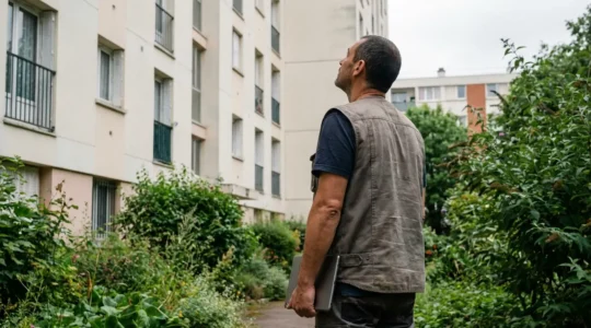 Technicien thermicien examinant la façade d'un immeuble de copropriété pour diagnostic énergétique