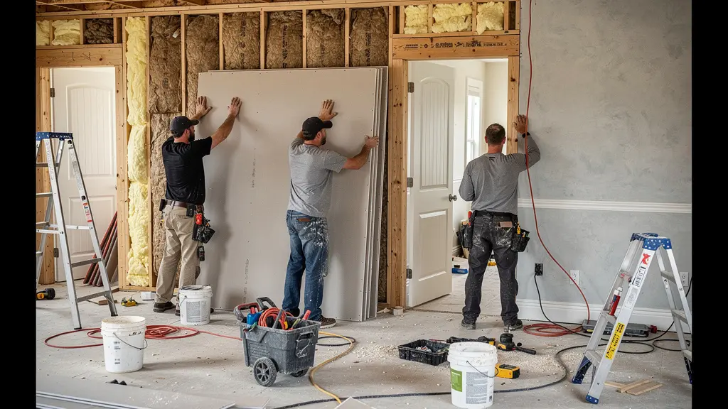 Équipe de travailleurs effectuant des travaux de rénovation dans une maison québécoise