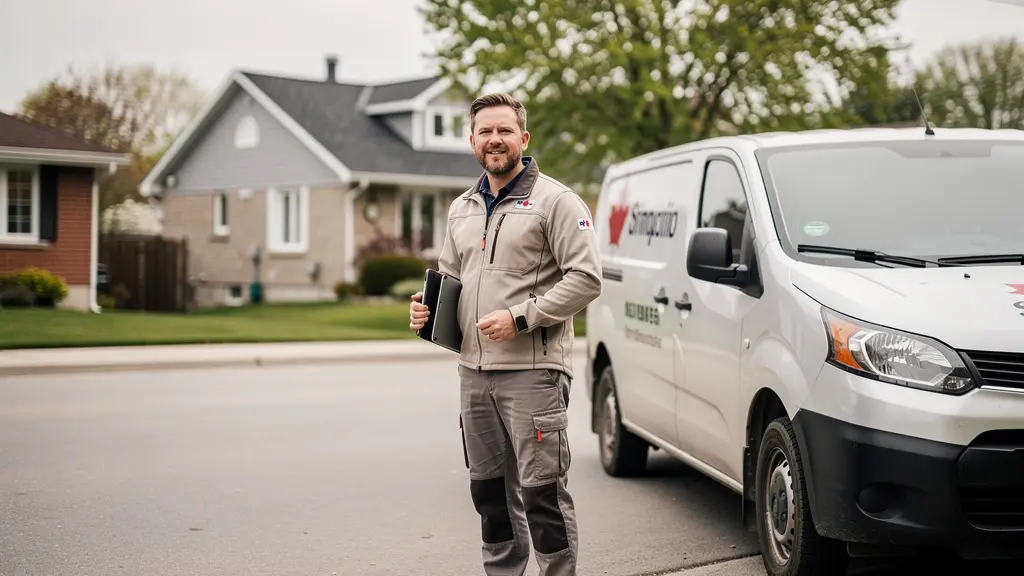 Entrepreneur général professionnel devant camionnette quartier résidentiel Montréal