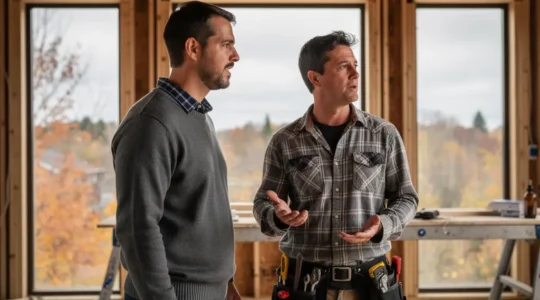 Propriétaire et entrepreneur discutant sur un chantier de rénovation résidentielle au Québec