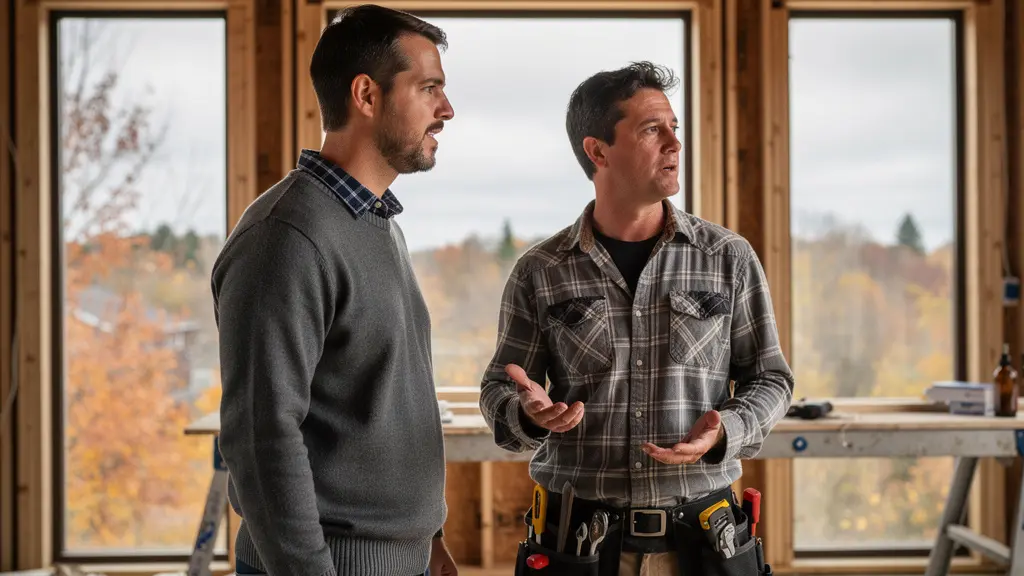 Propriétaire et entrepreneur discutant sur un chantier de rénovation résidentielle au Québec