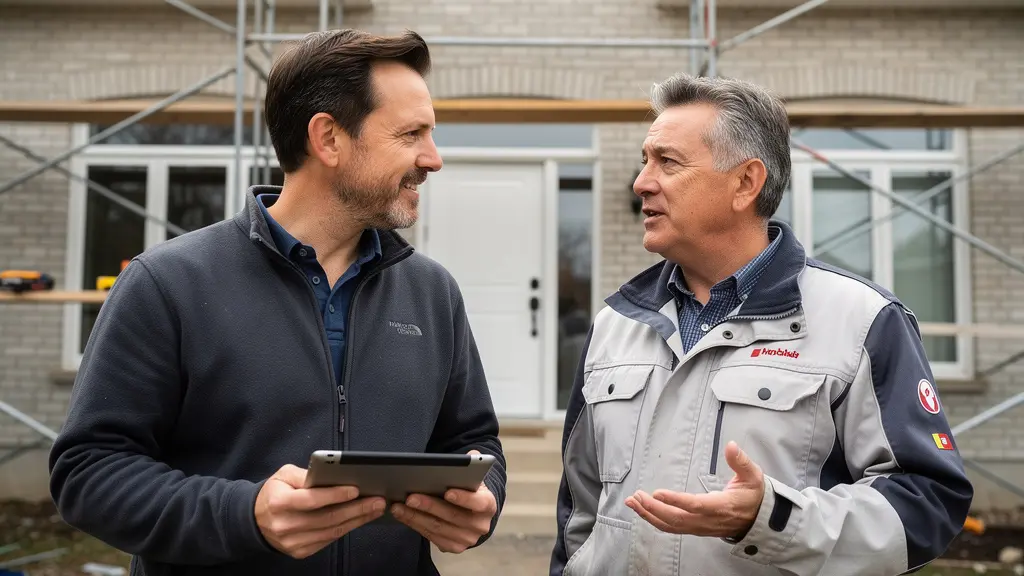 Propriétaire discutant projet rénovation résidentielle avec entrepreneur général Montréal