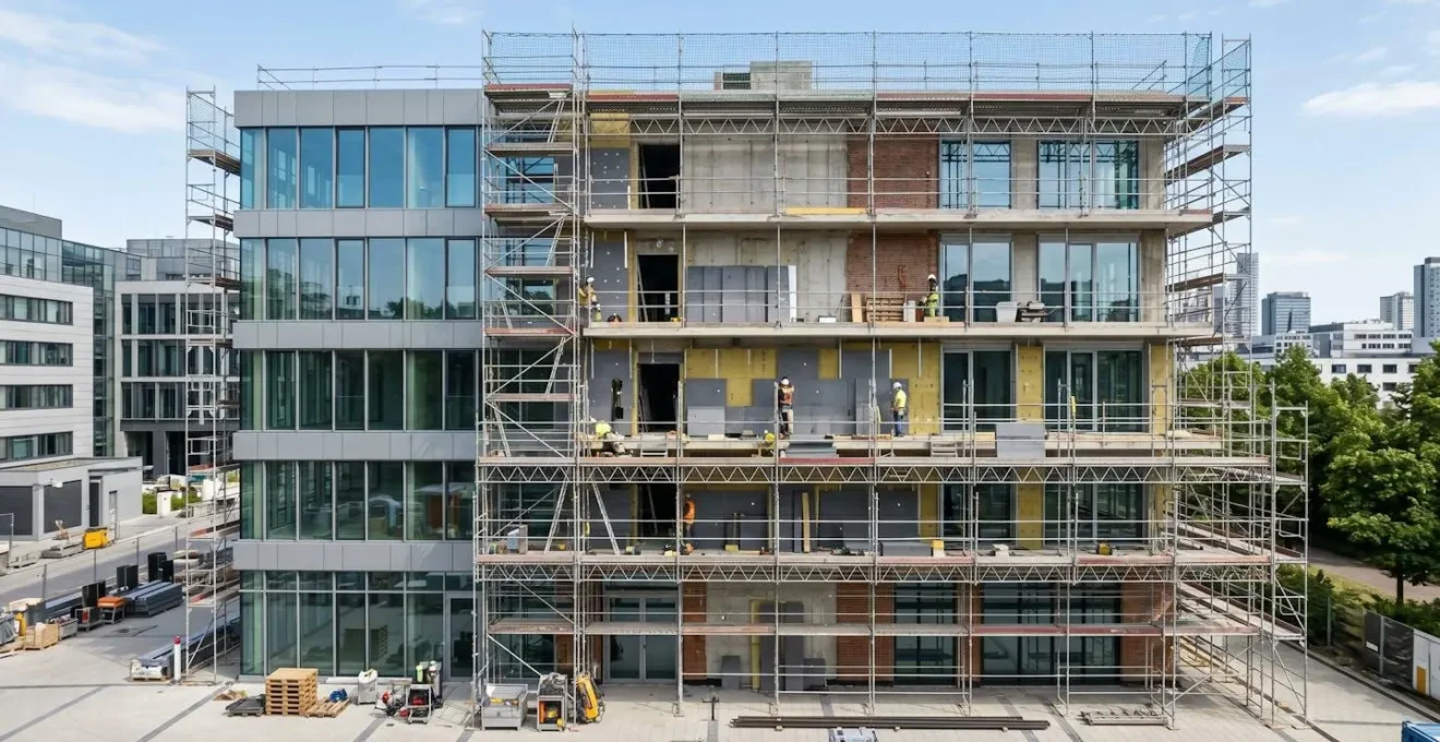 Chantier de rénovation énergétique avec échafaudages métalliques le long d'une façade en cours d'isolation sous la lumière naturelle du jour