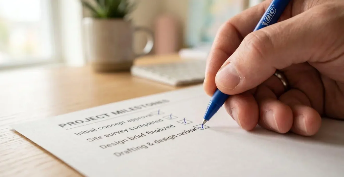 Gros plan d'une main cochant méthodiquement des cases sur une checklist imprimée posée sur une surface de bureau moderne