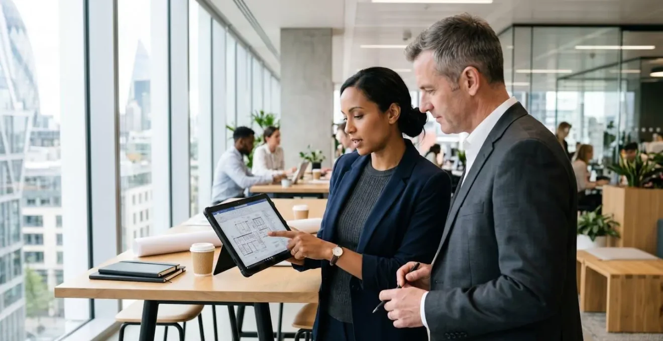 Deux professionnels du bâtiment de profil consultant ensemble un plan de rénovation énergétique dans un bureau contemporain éclairé par la lumière naturelle