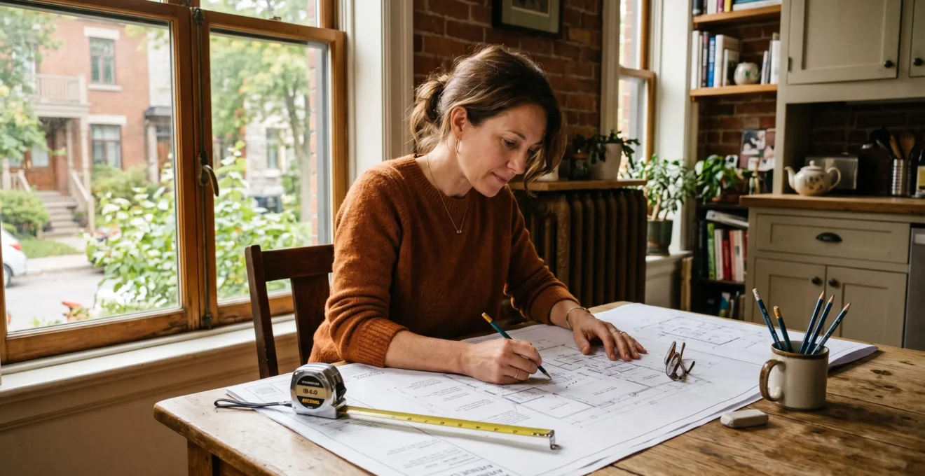 Propriétaire montréalais examinant des plans d'extension de maison sur une table avec des outils de mesure