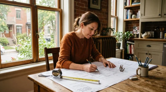 Propriétaire montréalais examinant des plans d'extension de maison sur une table avec des outils de mesure