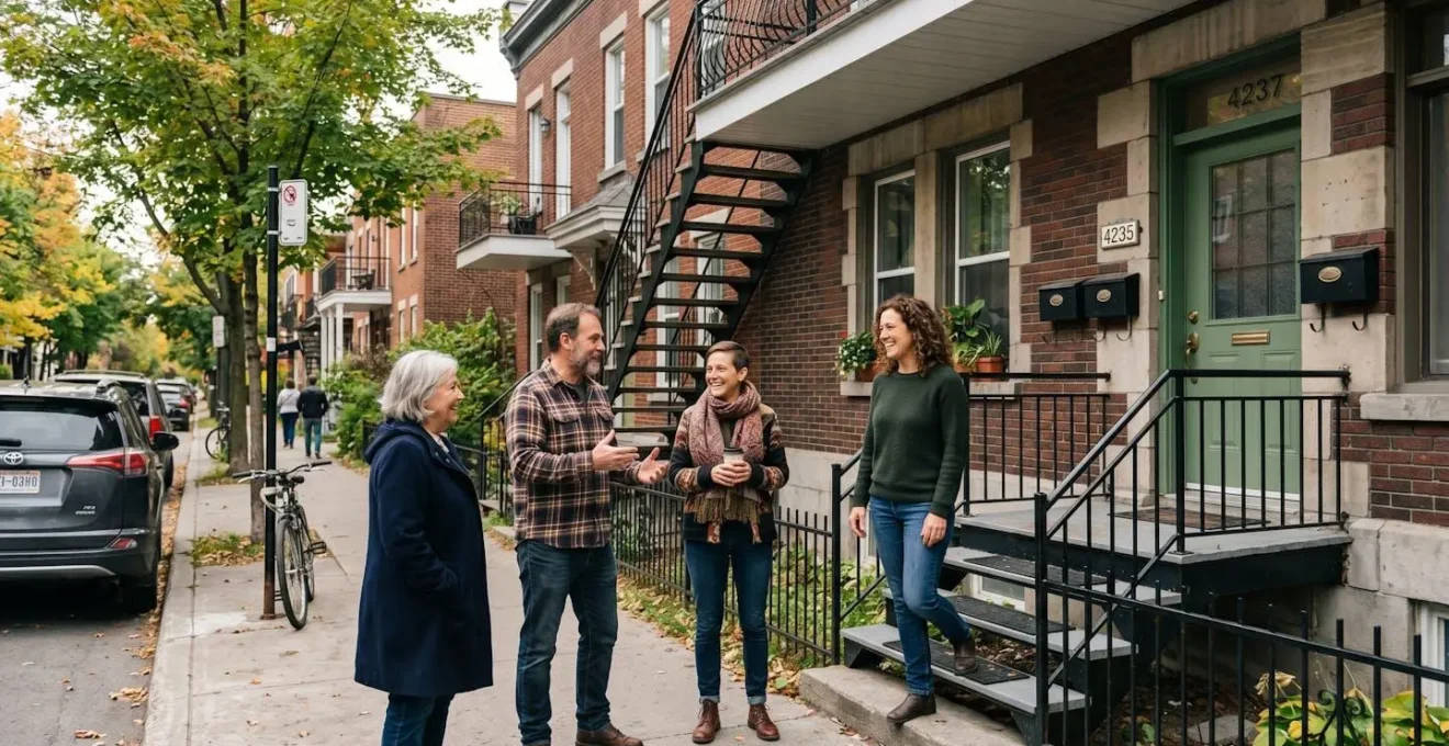 Propriétaire discutant de son projet d'agrandissement avec ses voisins devant sa maison à Montréal