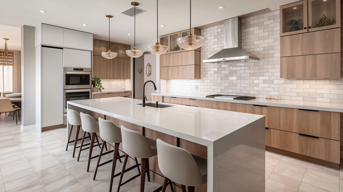 Cuisiniste installant plan de travail dans cuisine équipée moderne avec meubles blancs et bois clair, électroménager encastrable