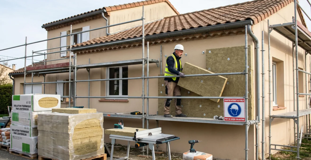 Chantier de rénovation énergétique sur maison individuelle : artisan installant isolation extérieure sur façade avec échafaudage, matériaux écologiques au premier plan