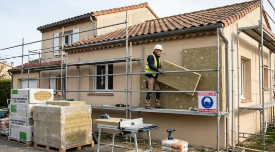 Chantier de rénovation énergétique sur maison individuelle : artisan installant isolation extérieure sur façade avec échafaudage, matériaux écologiques au premier plan