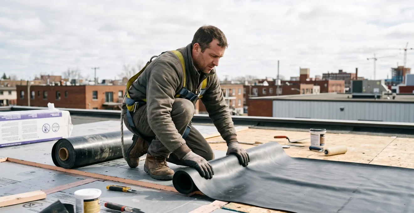 Couvreur professionnel installant une membrane EPDM noire sur un toit plat avec outils et équipement de sécurité