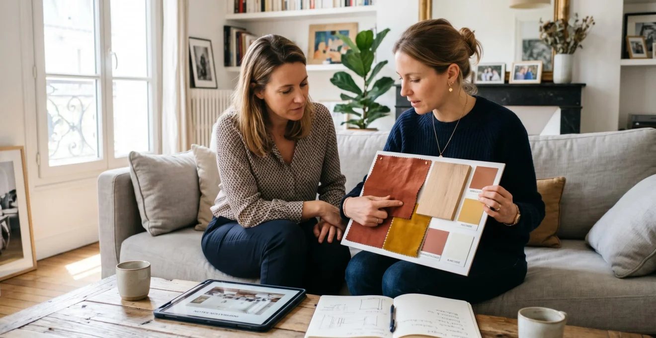 Décoratrice d'intérieur présentant une planche tendance avec échantillons terracotta et moutarde à une cliente, assises ensemble devant tablette et carnet de croquis