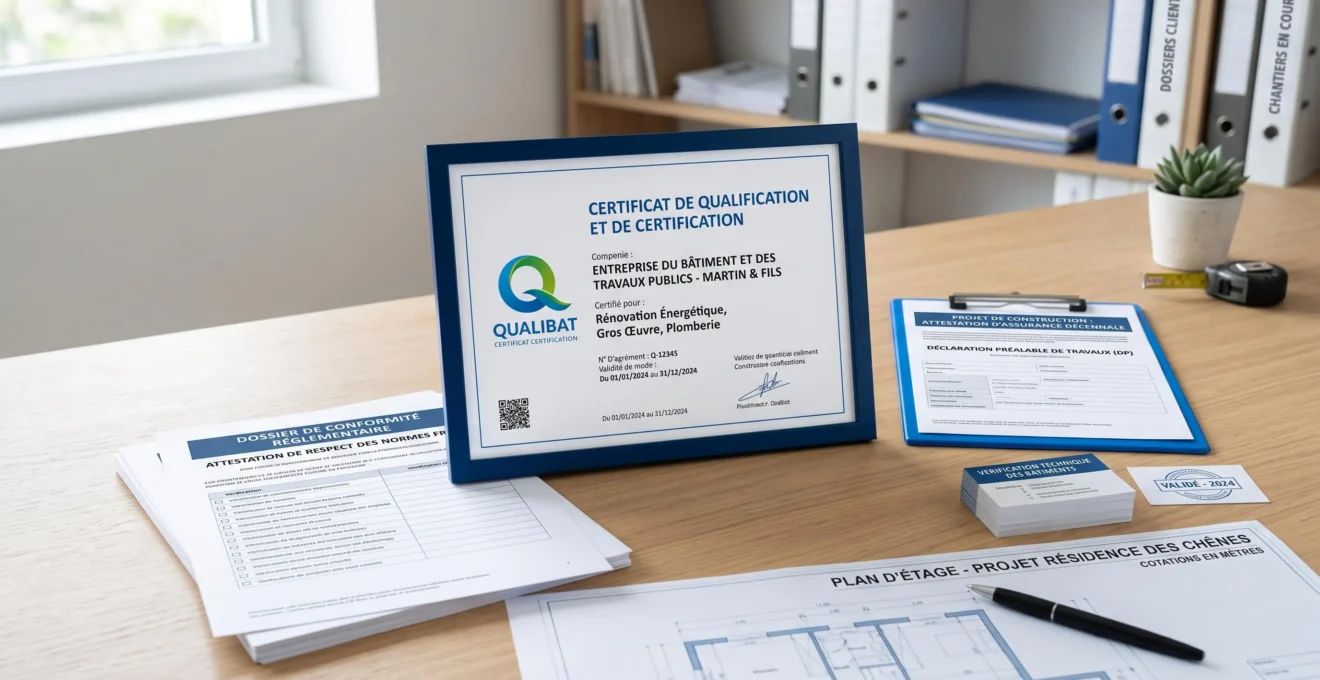 Documents de certification Qualibat et attestations de conformité disposés sur bureau professionnel d'entreprise BTP