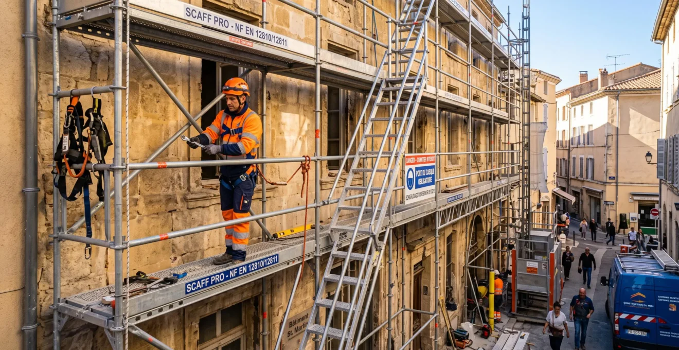 Monteur professionnel en équipement de sécurité installant un échafaudage certifié sur chantier de rénovation de façade
