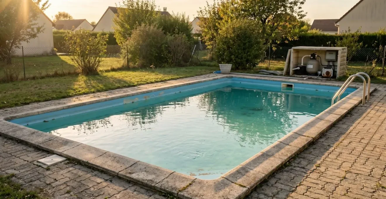 Piscine enterrée dans jardin maison périurbaine nécessitant entretien, équipements techniques vieillissants, environnement jardin ordinaire