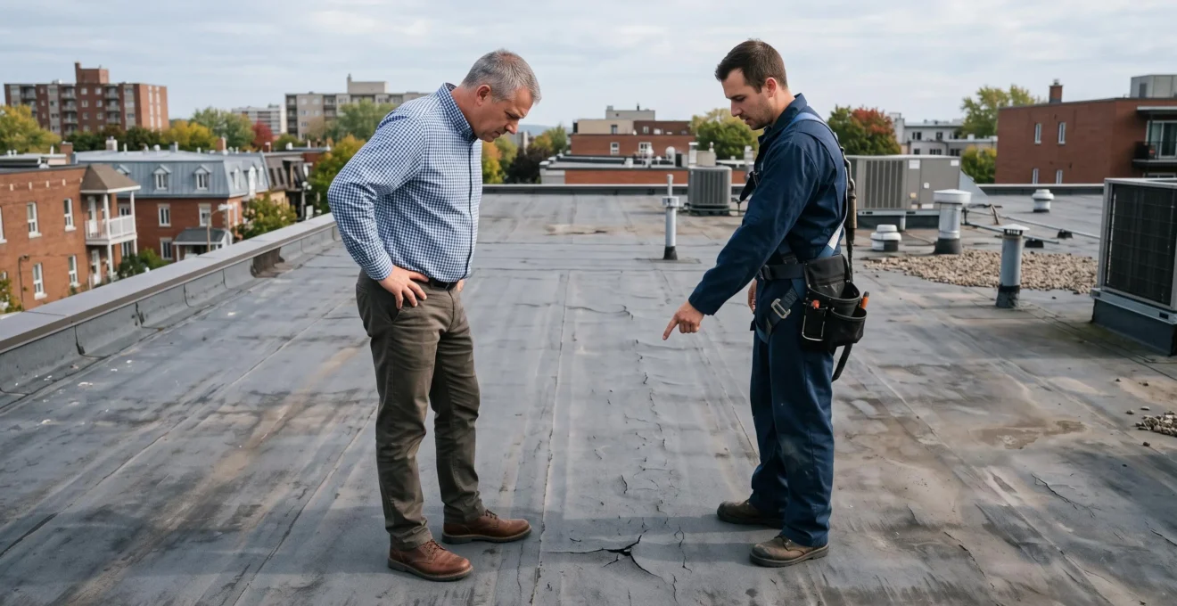Propriétaire d'immeuble et couvreur professionnel inspectant l'état d'une membrane de toit plat pour évaluer les besoins de réfection