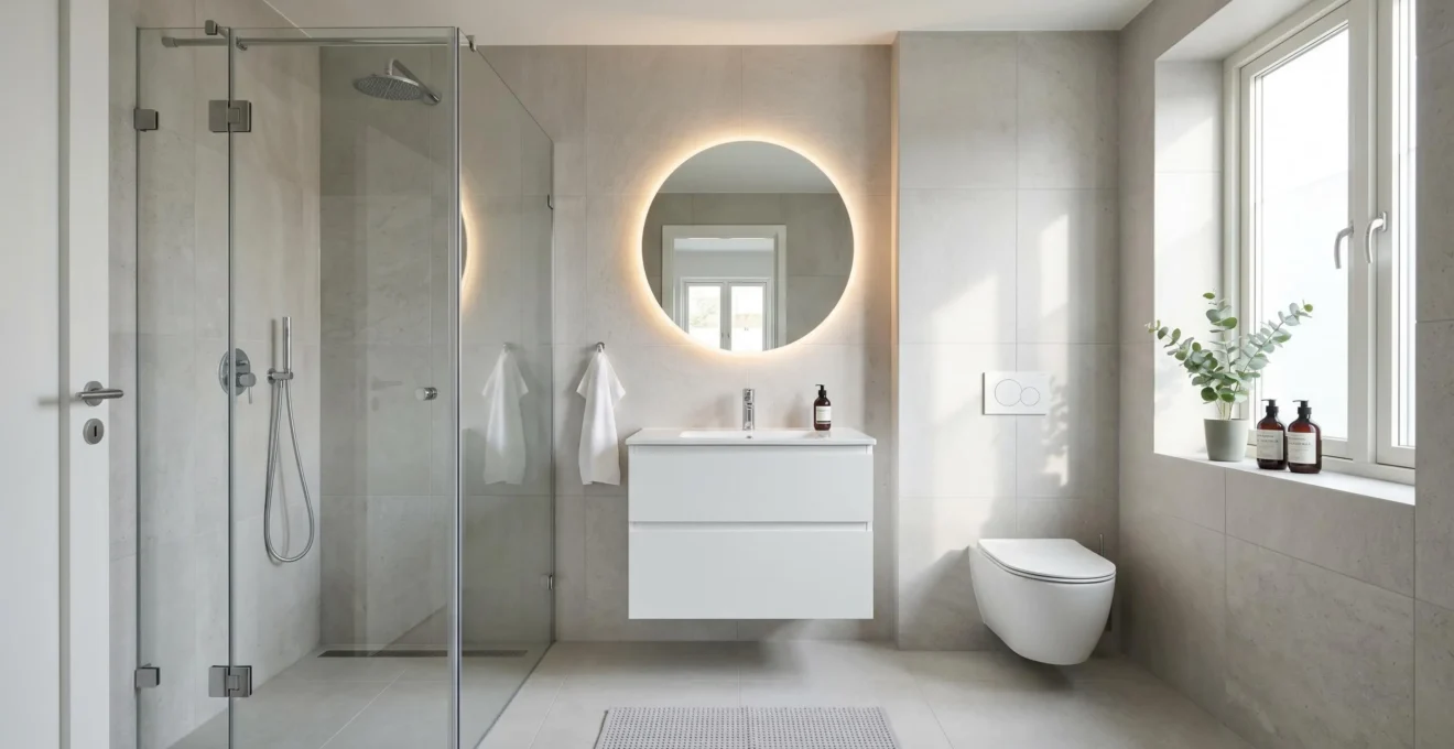 Salle de bain moderne rénovée avec douche italienne, carrelage grand format gris clair, vasque suspendue et miroir LED
