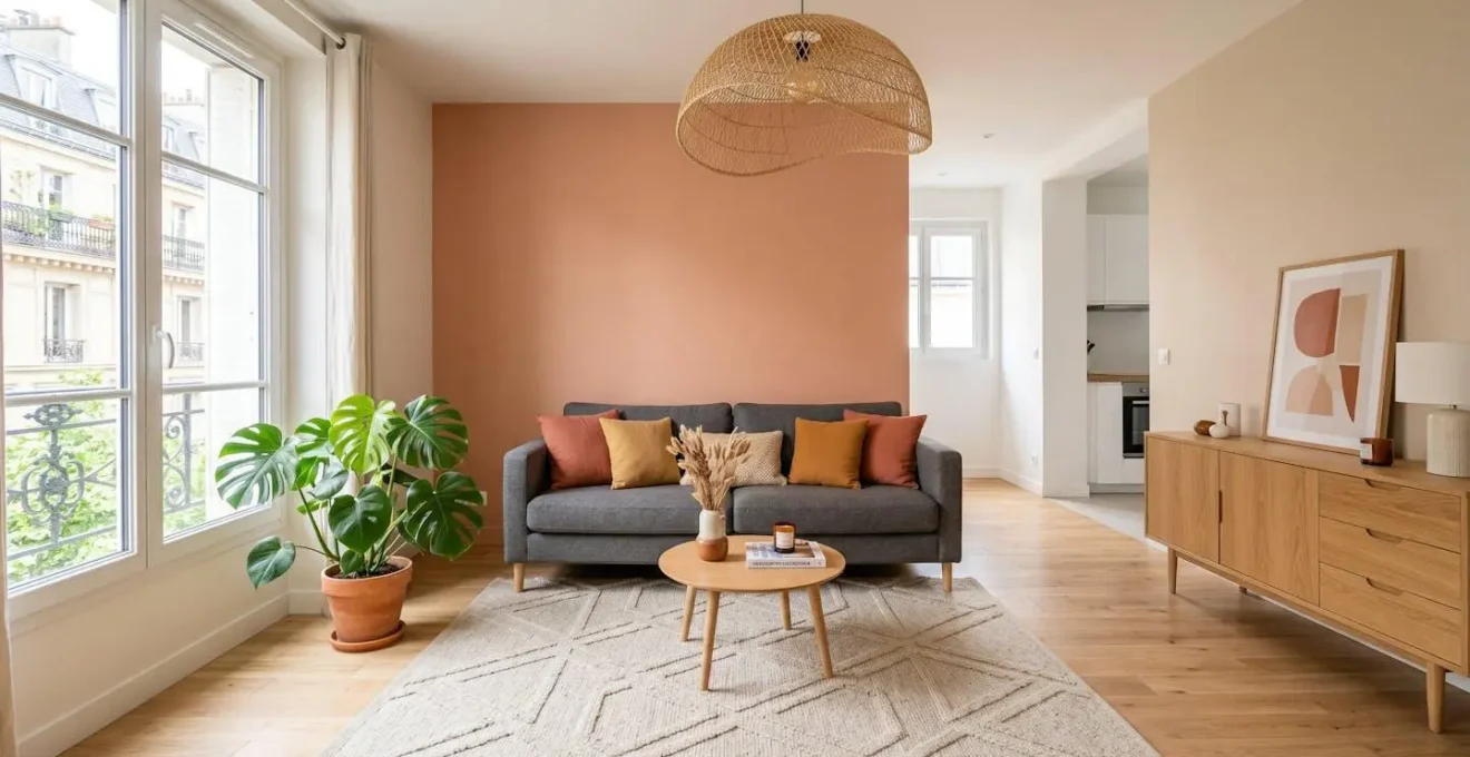 Salon contemporain lumineux avec mur accent terracotta, canapé gris anthracite et accessoires coordonnés moutarde, suspension en rotin, plante monstera et tapis géométrique beige