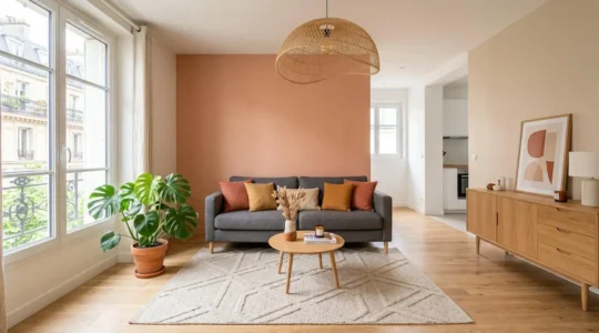 Salon contemporain lumineux avec mur accent terracotta, canapé gris anthracite et accessoires coordonnés moutarde, suspension en rotin, plante monstera et tapis géométrique beige