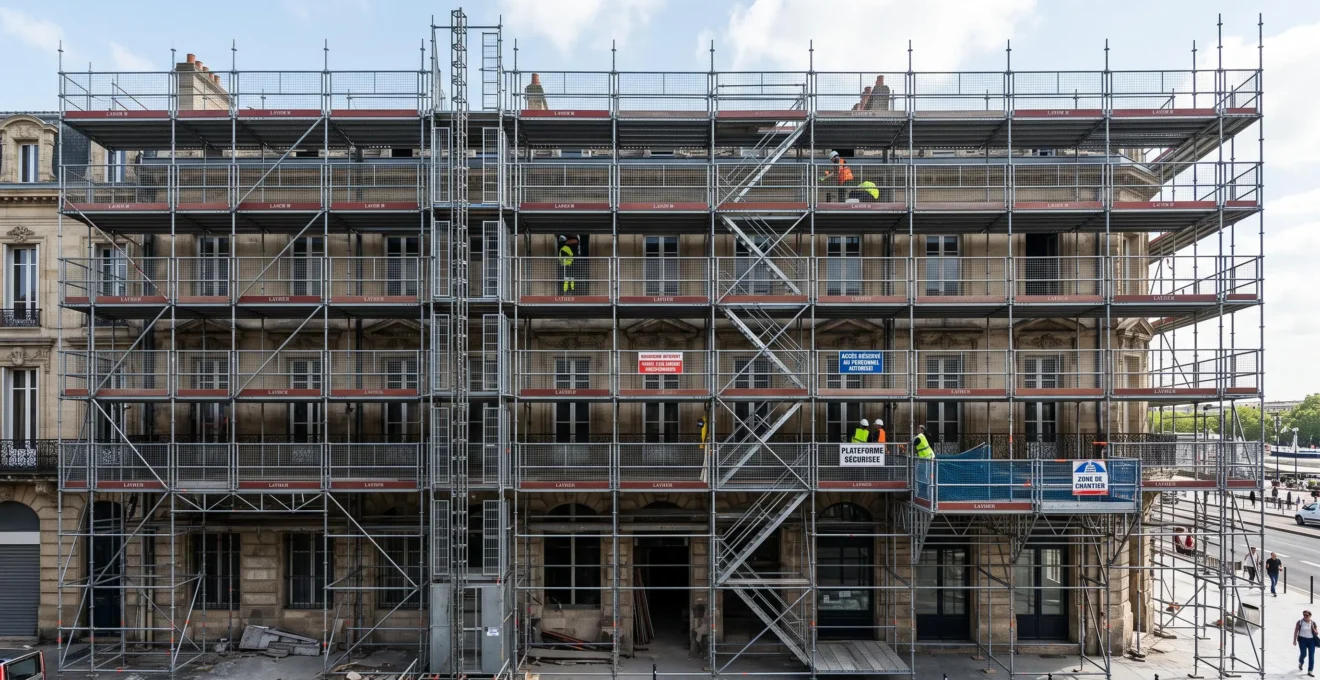 Structure d'échafaudage de façade modulaire avec platelages de sécurité et garde-corps sur chantier de construction