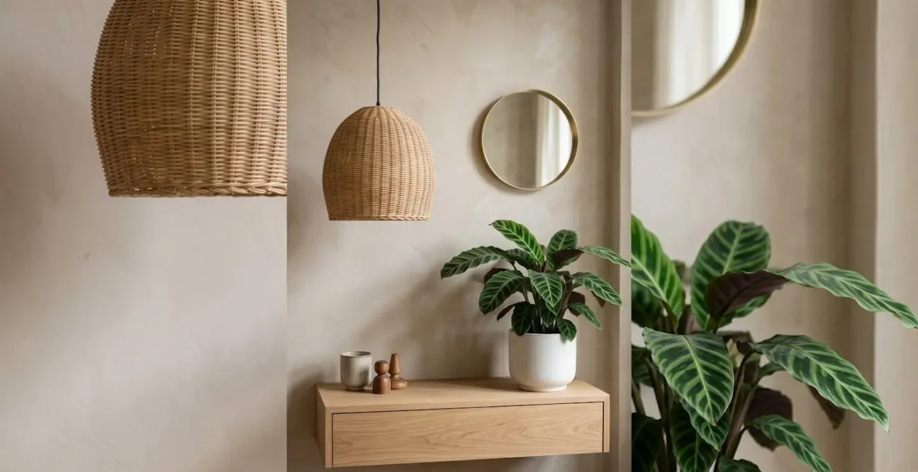 Suspension luminaire design en rotin naturel au-dessus d'une console bois clair avec plante calathea en pot blanc et petit miroir laiton au mur