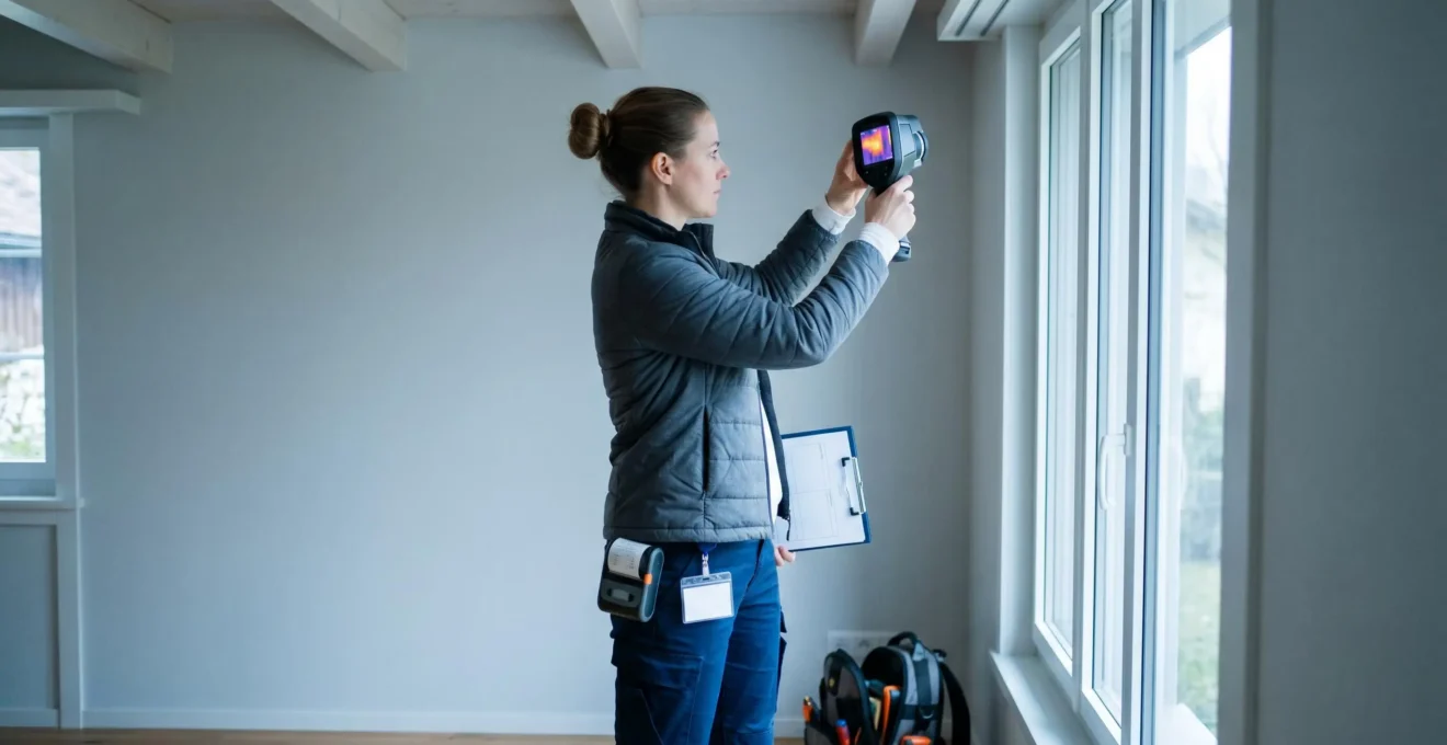 Technicien certifié réalisant un audit énergétique avec caméra thermique dans une maison française pour identifier les déperditions