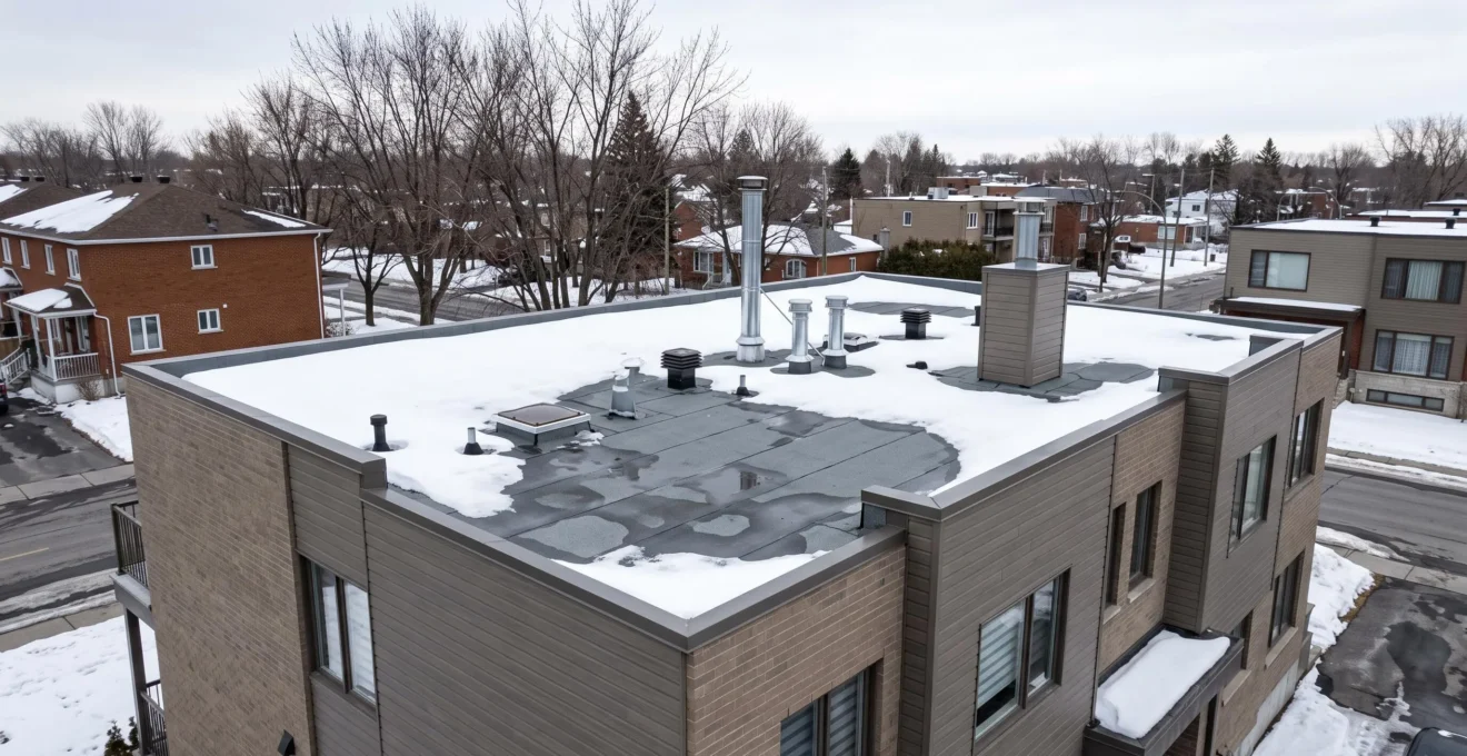 Toit plat d'un immeuble résidentiel québécois en hiver avec membrane de toiture partiellement recouverte de neige et équipements de ventilation visibles