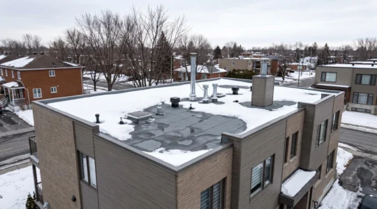 Toit plat d'un immeuble résidentiel québécois en hiver avec membrane de toiture partiellement recouverte de neige et équipements de ventilation visibles
