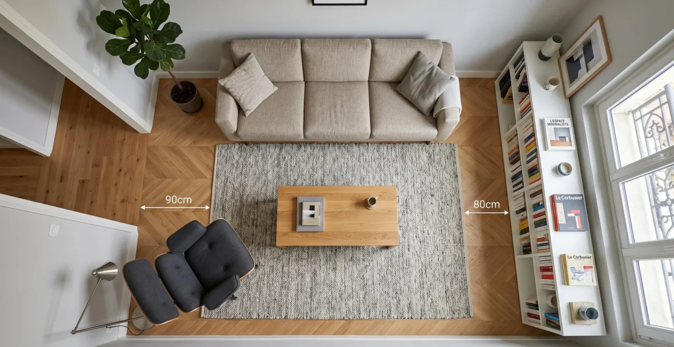 Vue aérienne d'un salon rectangulaire montrant disposition optimisée du mobilier avec circulation dégagée entre canapé, table basse, fauteuil et bibliothèque
