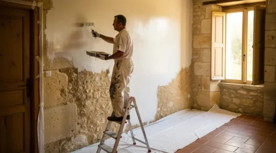 Un artisan peintre applique de la peinture au rouleau sur un mur préparé dans une maison ancienne aux murs en pierre.