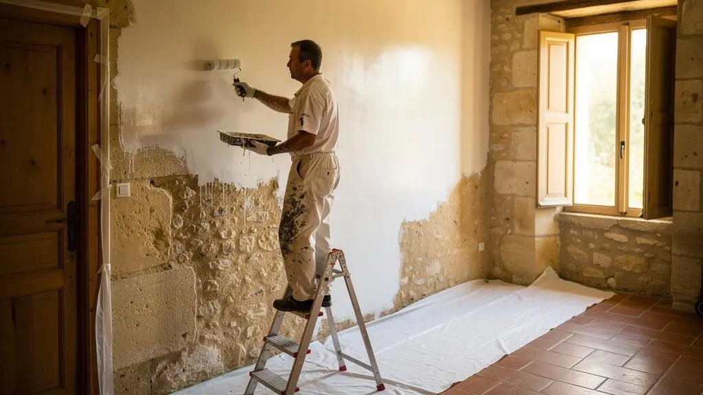 Un artisan peintre applique de la peinture au rouleau sur un mur préparé dans une maison ancienne aux murs en pierre.
