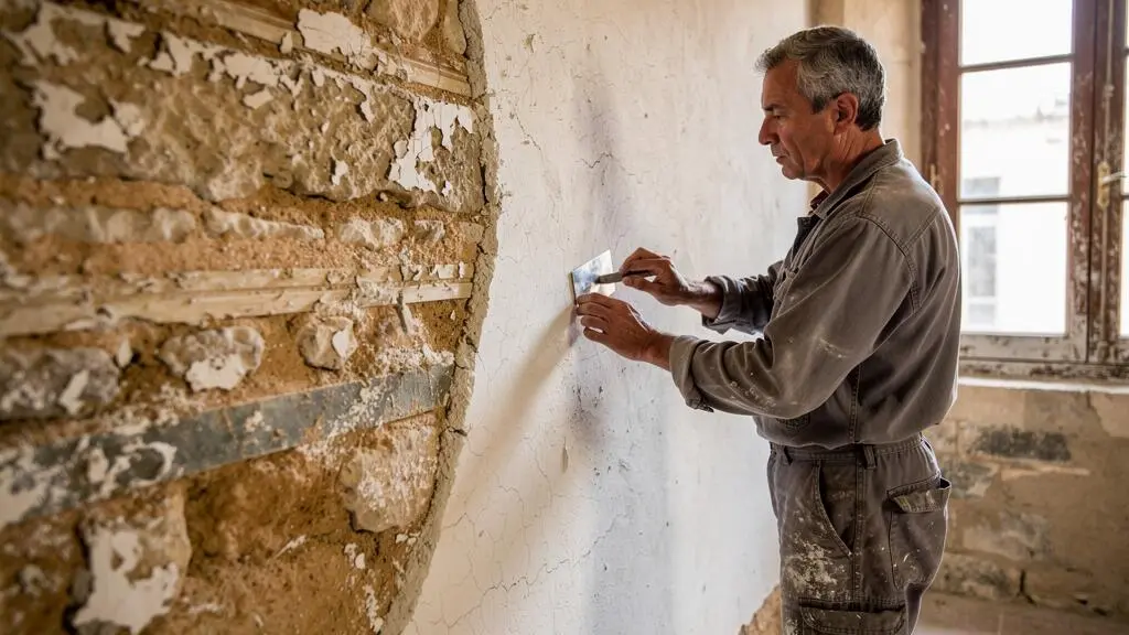 Un artisan teste avec un petit racloir l'adhérence d'un enduit ancien sur un mur en pierre d'un bâtiment historique.