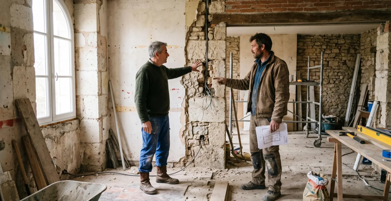 Un artisan et un propriétaire échangent devant un mur en cours de rénovation.