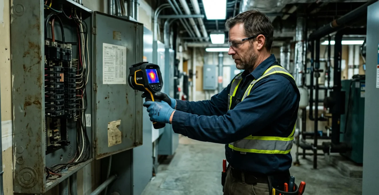 Un électricien utilise une caméra thermique pour inspecter un panneau de distribution.