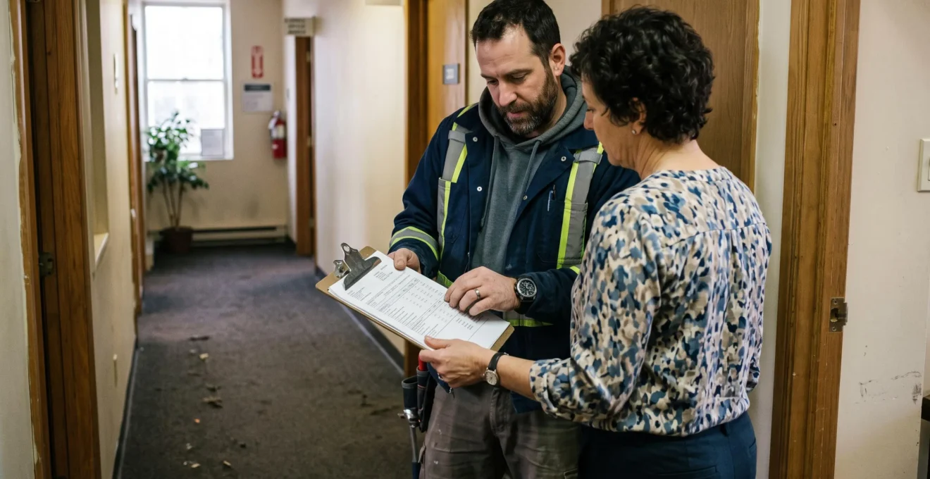 Un propriétaire et un électricien examinent une soumission imprimée dans un corridor de bureaux.